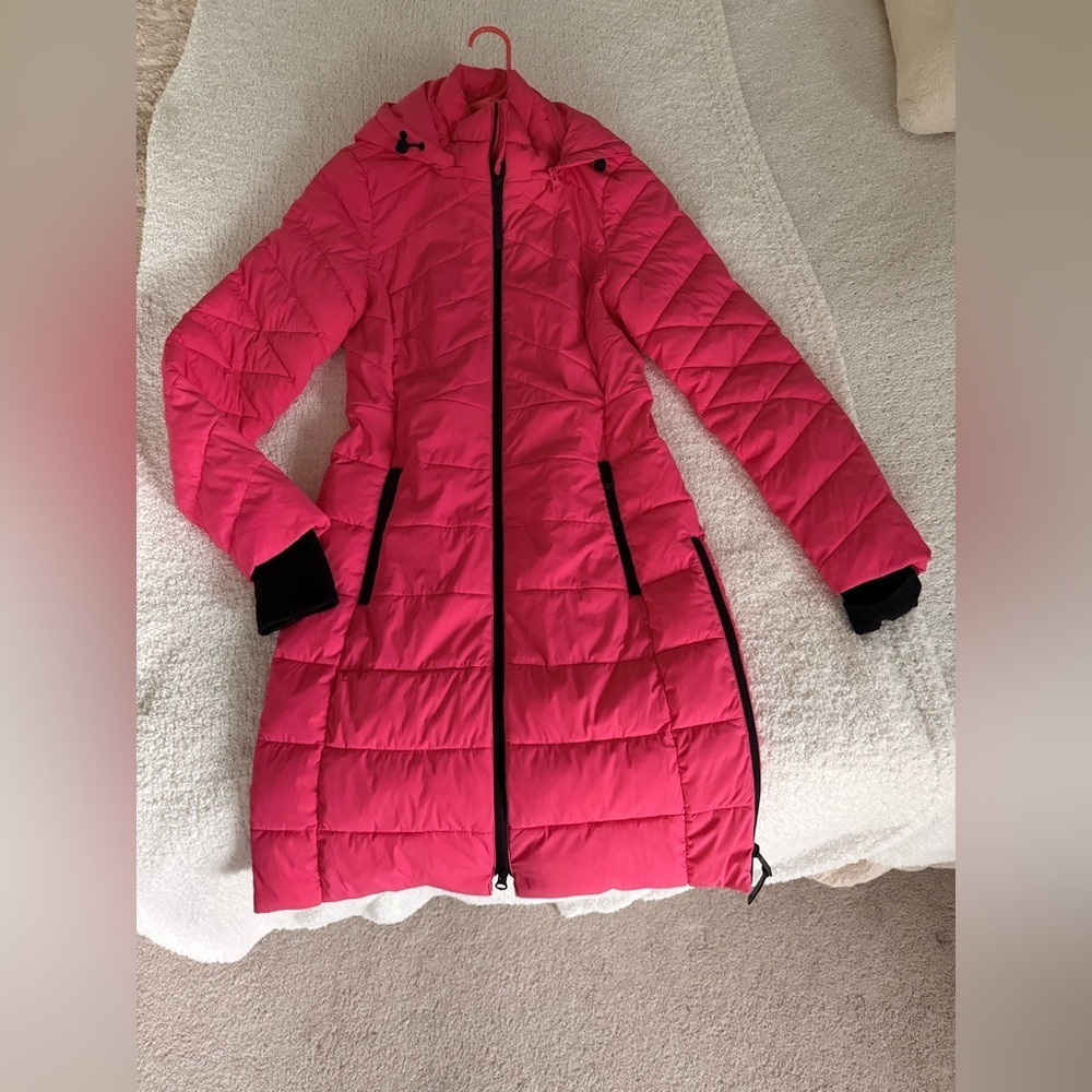 M&S ACTIVE Bright Pink Puffer Jacket Pink Long Puffer Coat With Detachable Hood - Picture 7 of 16